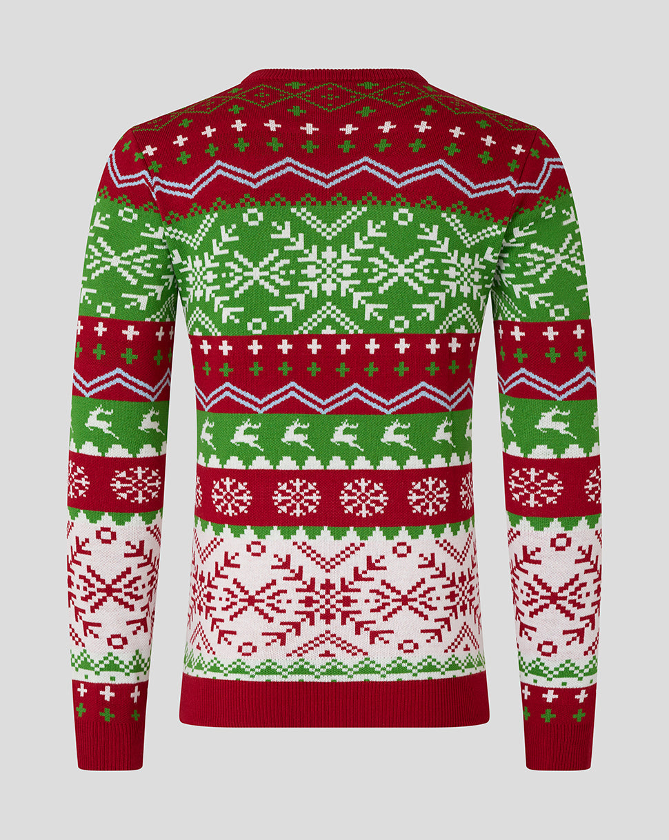 Back view of Harlequins unisex 25/26 Christmas jumper featuring red green white Nordic motifs