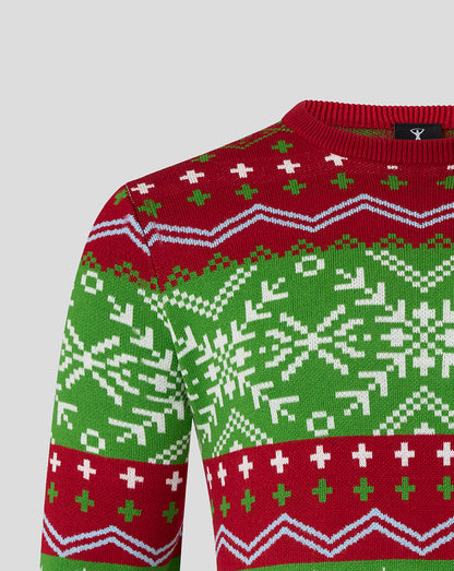 Close up of the knit on Harlequins Christmas jumper showing red green white pattern and small chest logo.