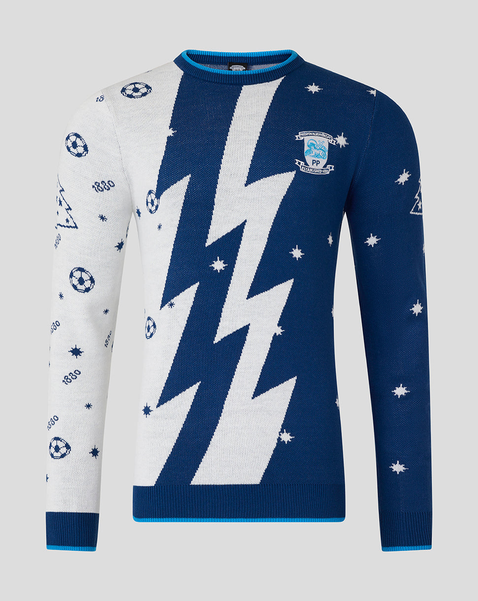 Front view of Preston North End unisex Christmas jumper featuring split blue and white design with crest on chest.