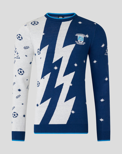 Front view of Preston North End unisex Christmas jumper featuring split blue and white design with crest on chest.