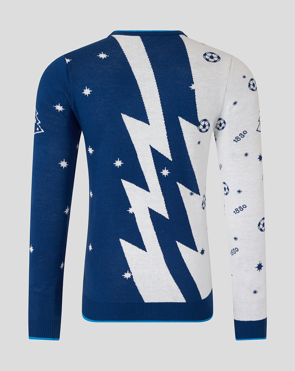 Back view of the blue white knitted Christmas jumper with a bold white diagonal panel and star prints