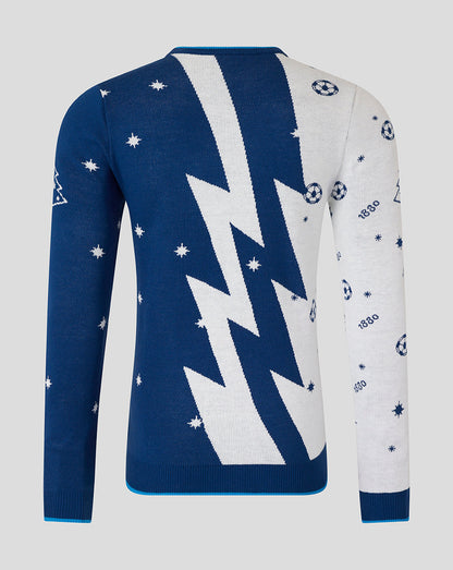 Back view of the blue white knitted Christmas jumper with a bold white diagonal panel and star prints
