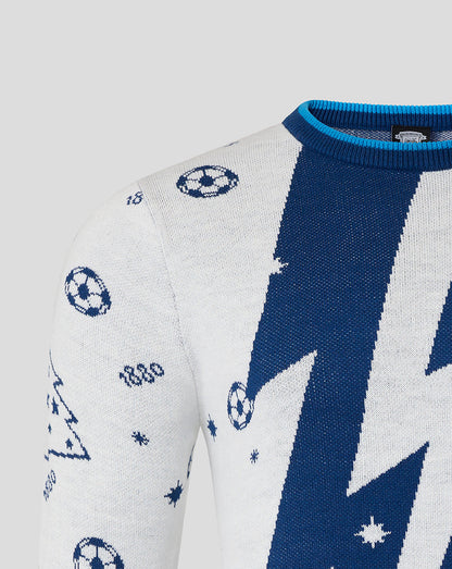 Close up of the Preston North End Christmas jumper knit showing a large navy zigzag on white with small football motifs