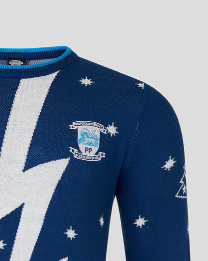 Chest close up of the blue and white knit with Preston North End crest on the front of the Christmas jumper