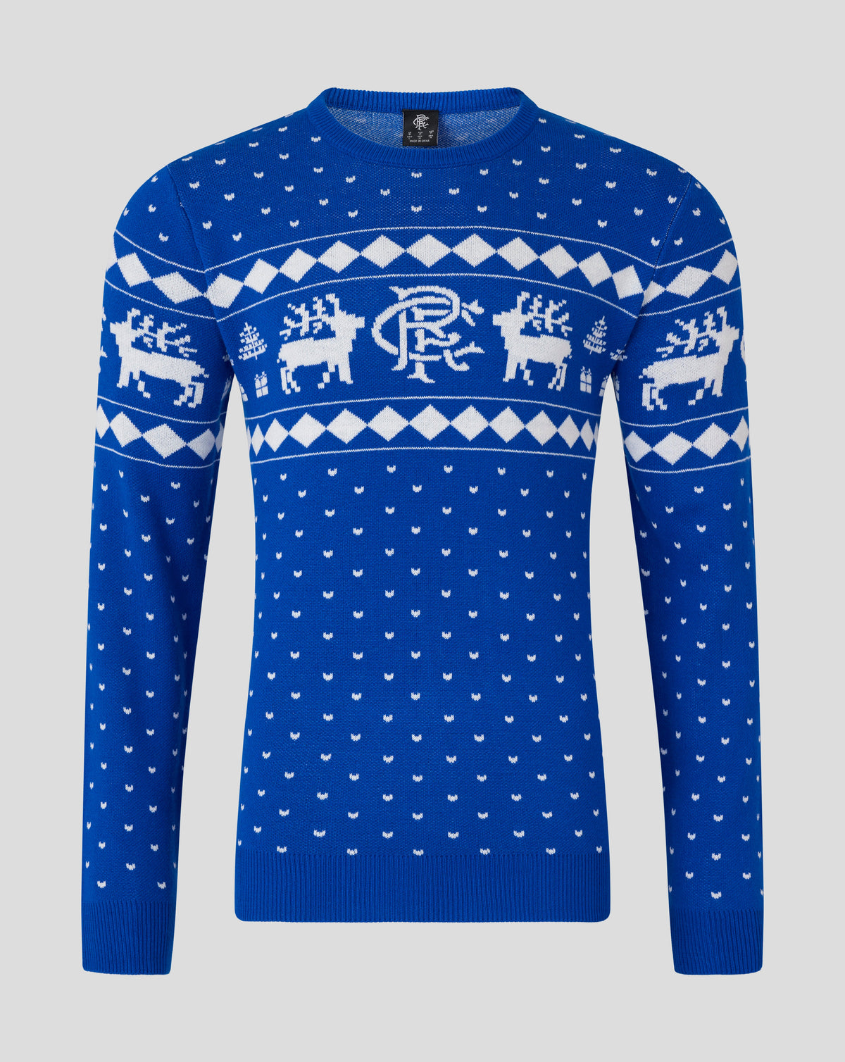 Blue Rangers Christmas jumper with white reindeer motif and diamond pattern across the chest.