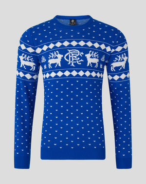 Blue Rangers Christmas jumper with white reindeer motif and diamond pattern across the chest.