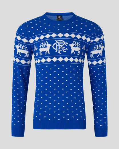 Blue Rangers Christmas jumper with white reindeer motif and diamond pattern across the chest.