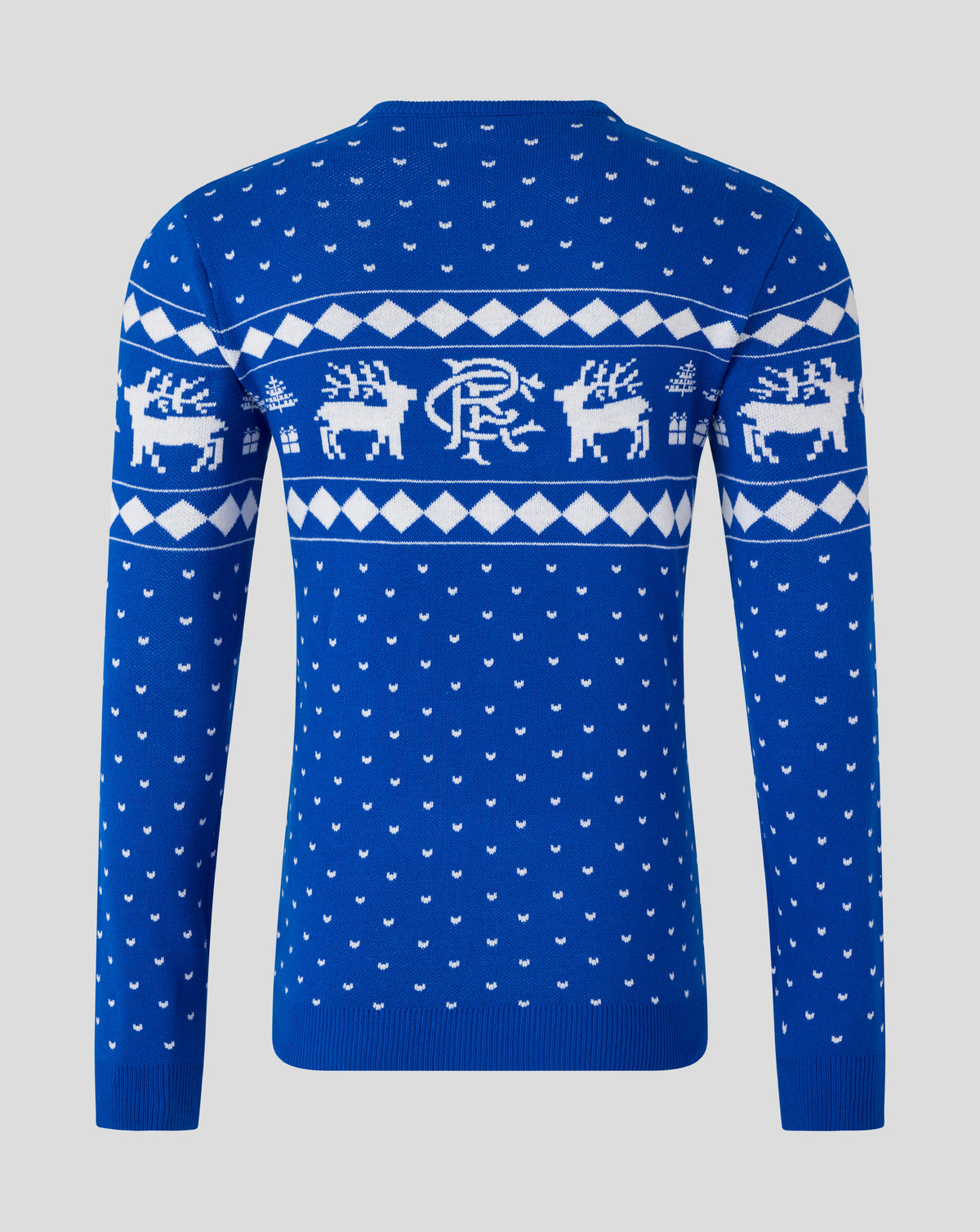 Back view of blue Rangers Christmas jumper with white reindeer and diamond knit pattern