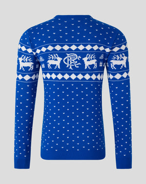 Back view of blue Rangers Christmas jumper with white reindeer and diamond knit pattern
