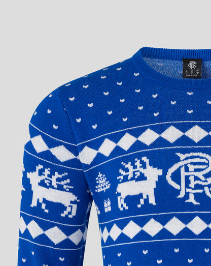 Close up of blue knit jumper neckline with inside label