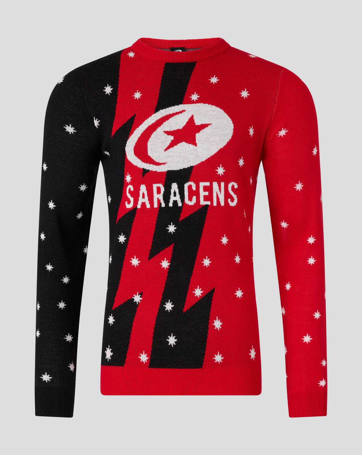 Saracens unisex Christmas jumper in red and black with snowflake specks and bold front graphic