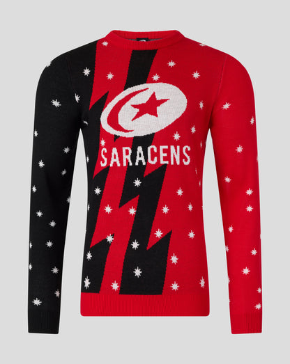 Saracens unisex Christmas jumper in red and black with snowflake specks and bold front graphic