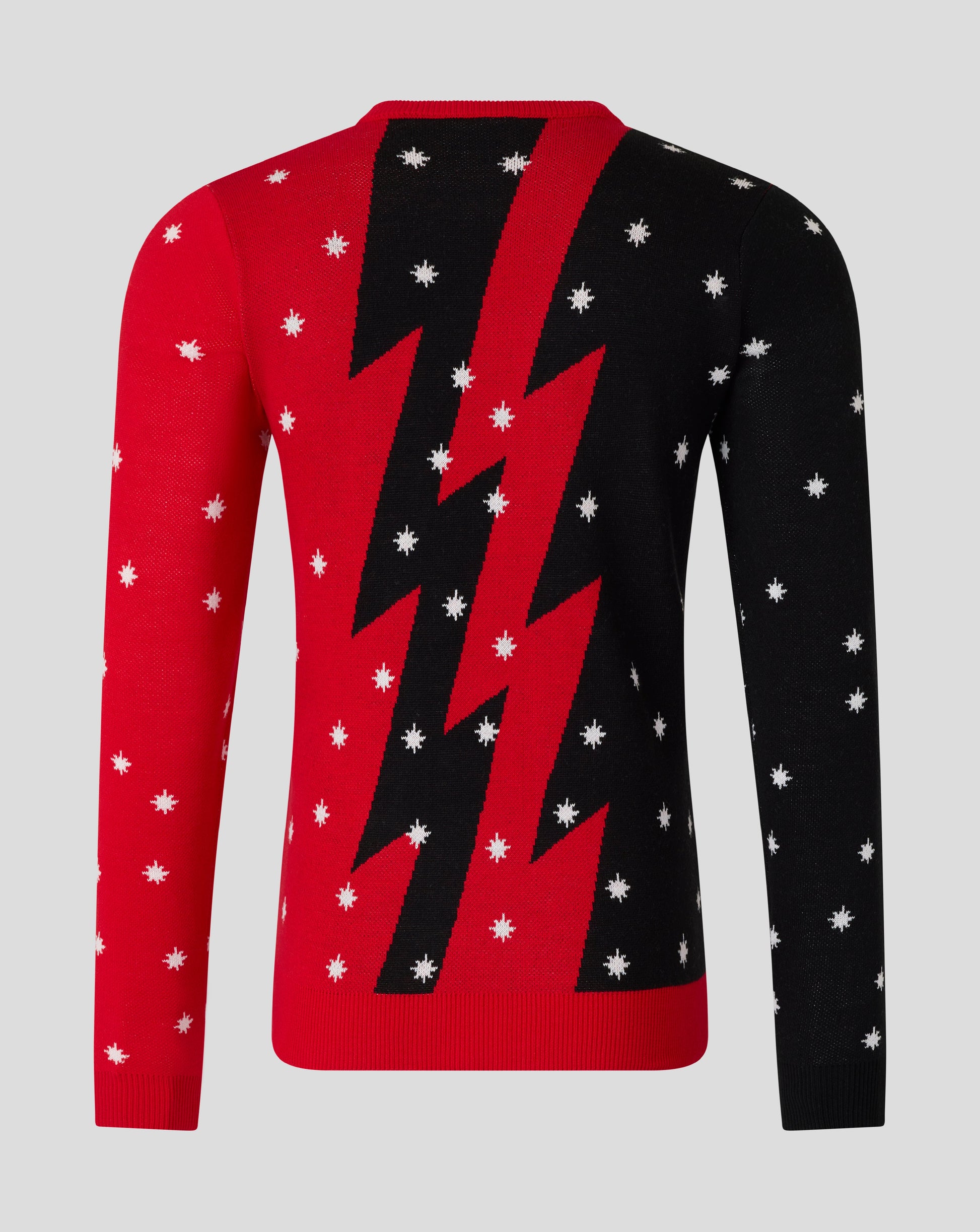Back view of red and black Saracens Junior Christmas jumper showing diagonal stripes and white snowflakes
