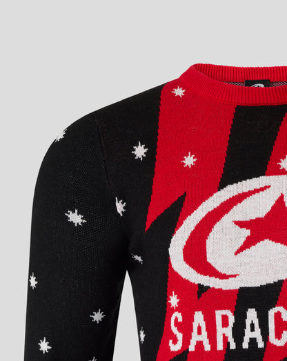 Close up of red neckline and shoulder on the Christmas jumper showing knit texture and white snowflakes