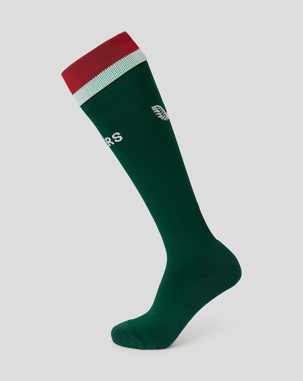 Leicester Tigers unisex 25/26 Pro home playing sock in green with a red cuff.