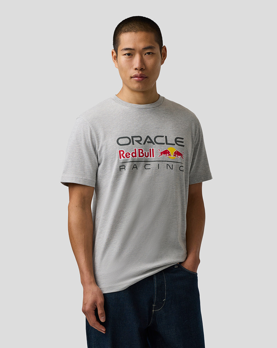 Person wearing a gray 'Oracle Red Bull Racing' t-shirt on a white background