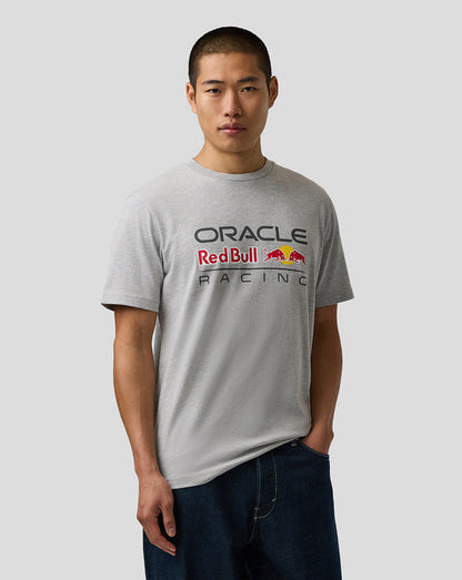 Person wearing a gray 'Oracle Red Bull Racing' t-shirt on a white background
