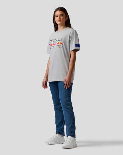 Person wearing a gray 'Oracle Red Bull Racing' t-shirt on a white background