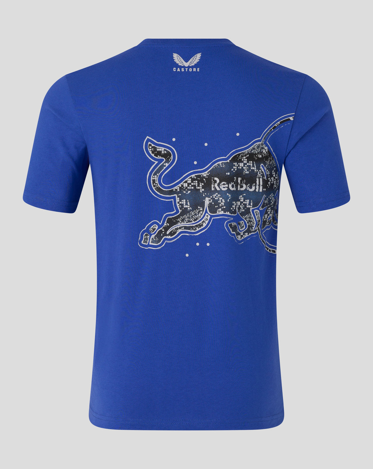 Blue t-shirt with a graphic design on the back against a gray background