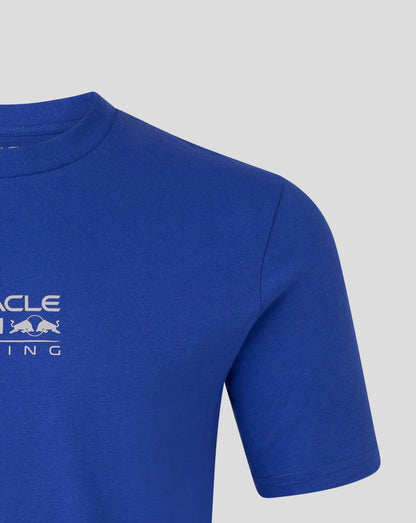 Blue t-shirt with a logo on a gray background
