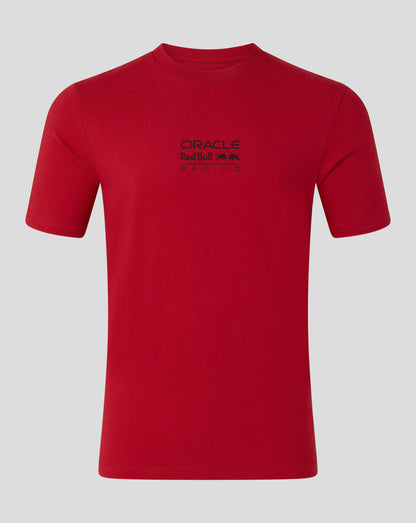 Red t-shirt with a logo on a gray background