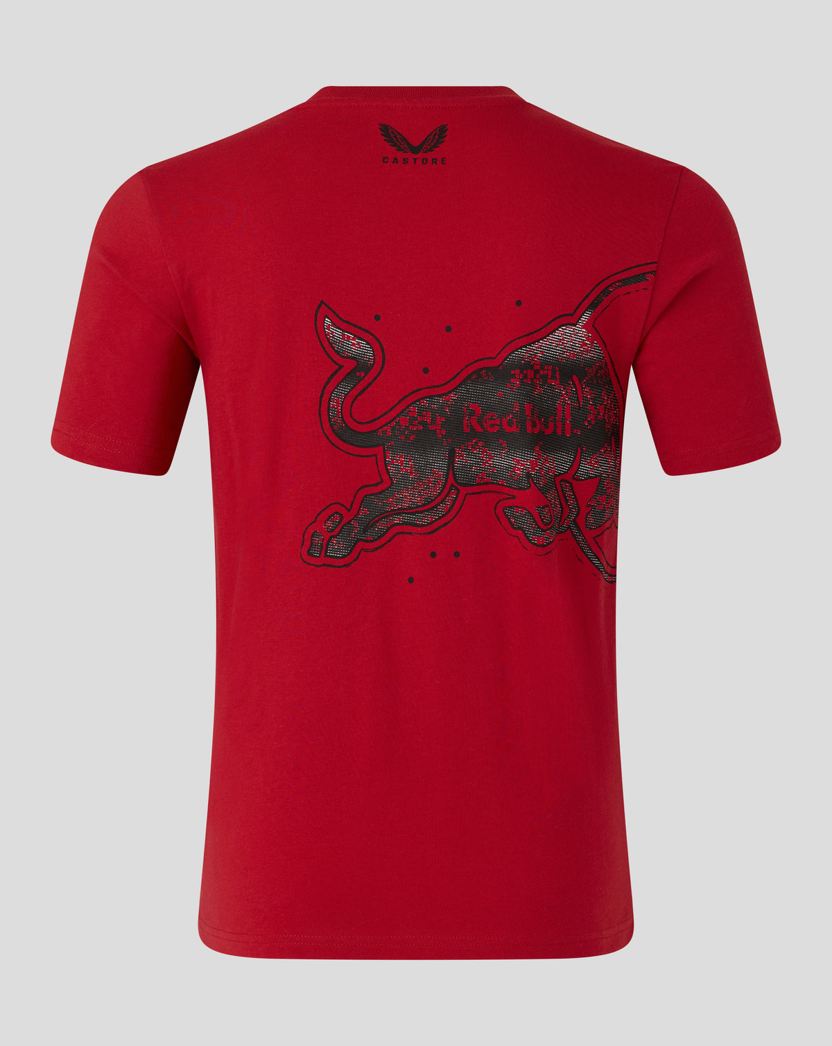 Red t-shirt with black graphic design on a gray background