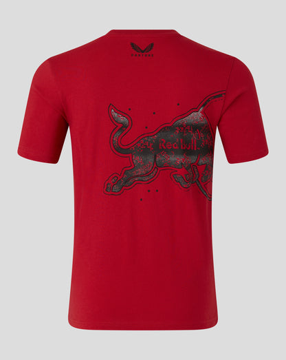 Red t-shirt with black graphic design on a gray background