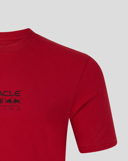 Red t-shirt with a black logo on a light gray background