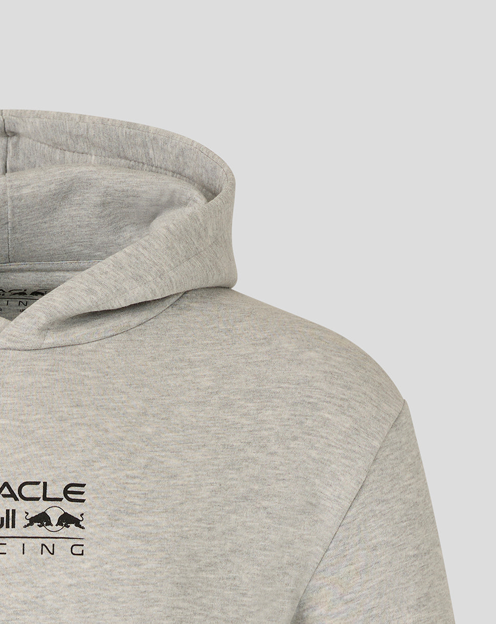 Grey marl Oracle Red Bull Racing hoodie close up showing chest logo and hood
