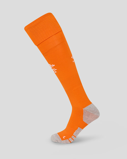 Bright orange Rangers Junior Fourth Sock displayed diagonally with a cushioned heel.