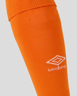 Close-up of bright orange Rangers sock showing white Umbro logo on the calf.