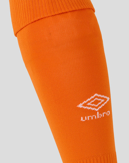 Close-up of bright orange Rangers sock showing white Umbro logo on the calf.