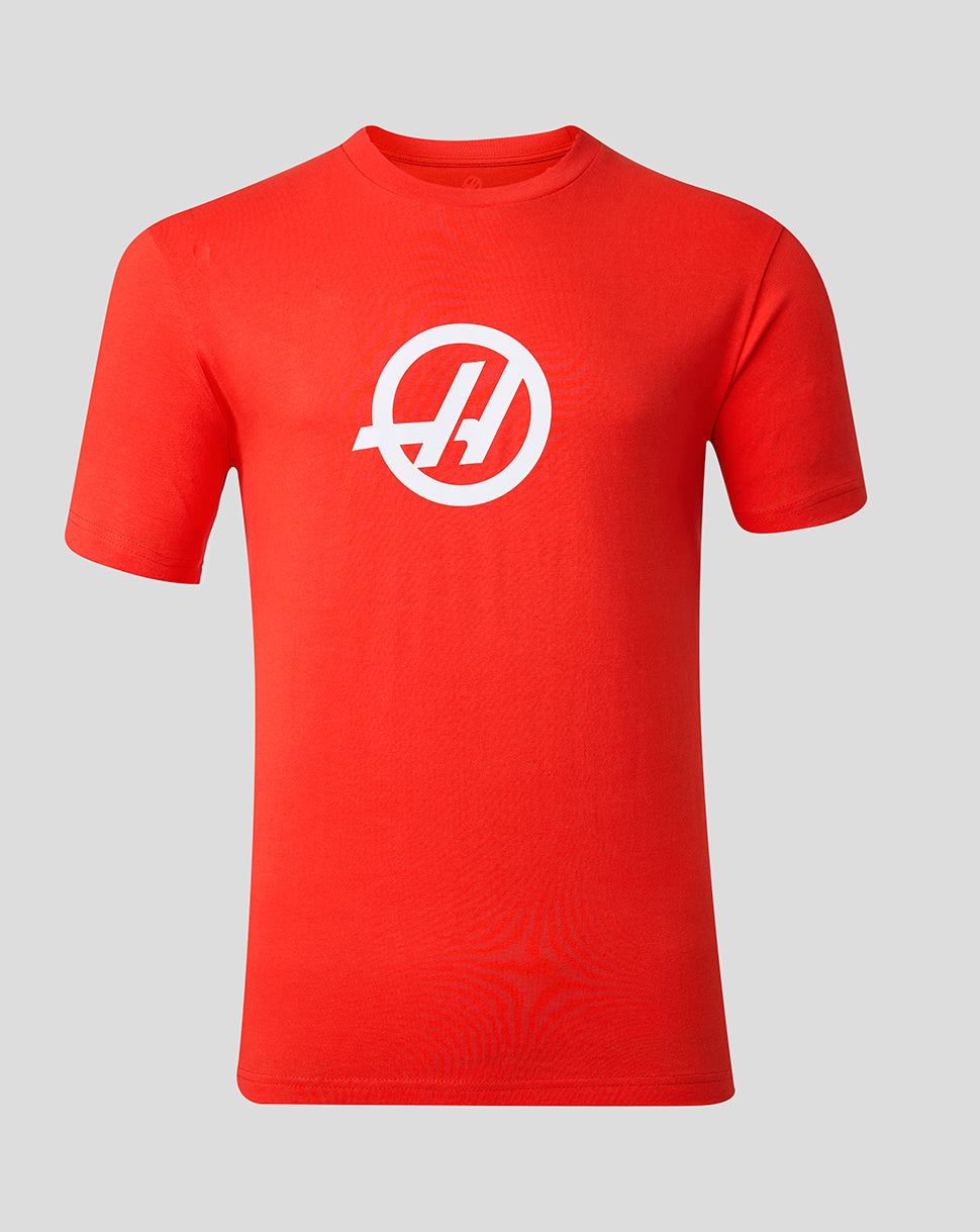 Red t-shirt with a white logo on a gray background