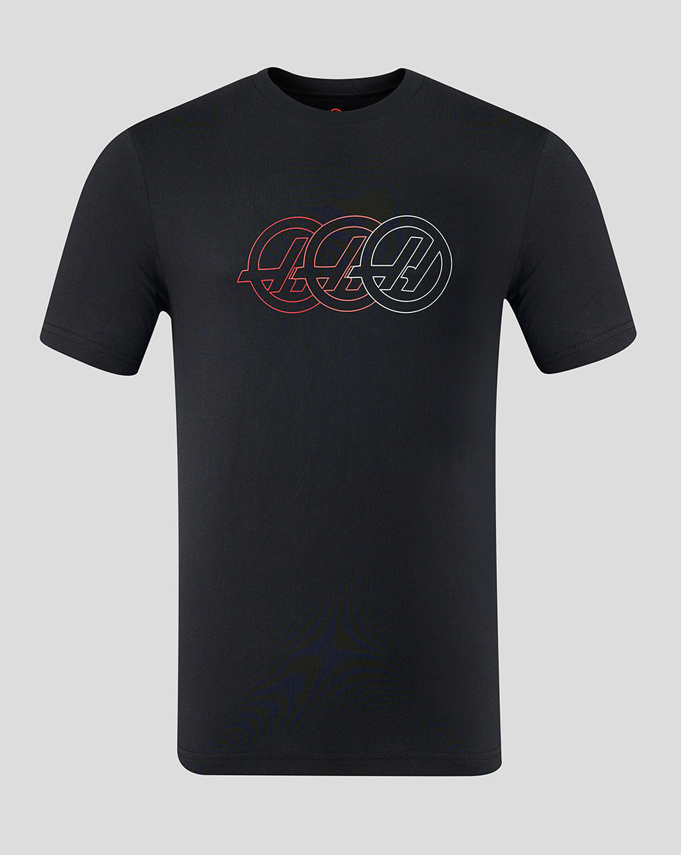 Black t-shirt with a logo on a gray background