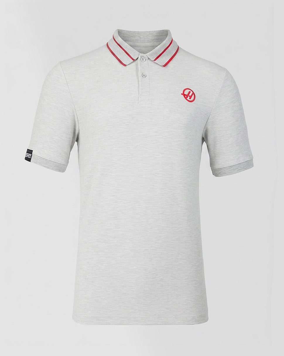 Gray polo shirt with red accents on a light gray background