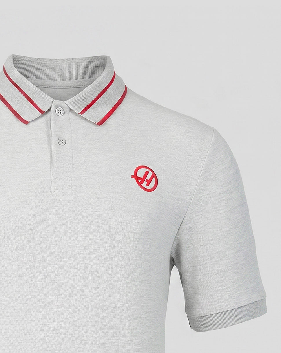 Gray polo shirt with red accents and a logo on a light gray background