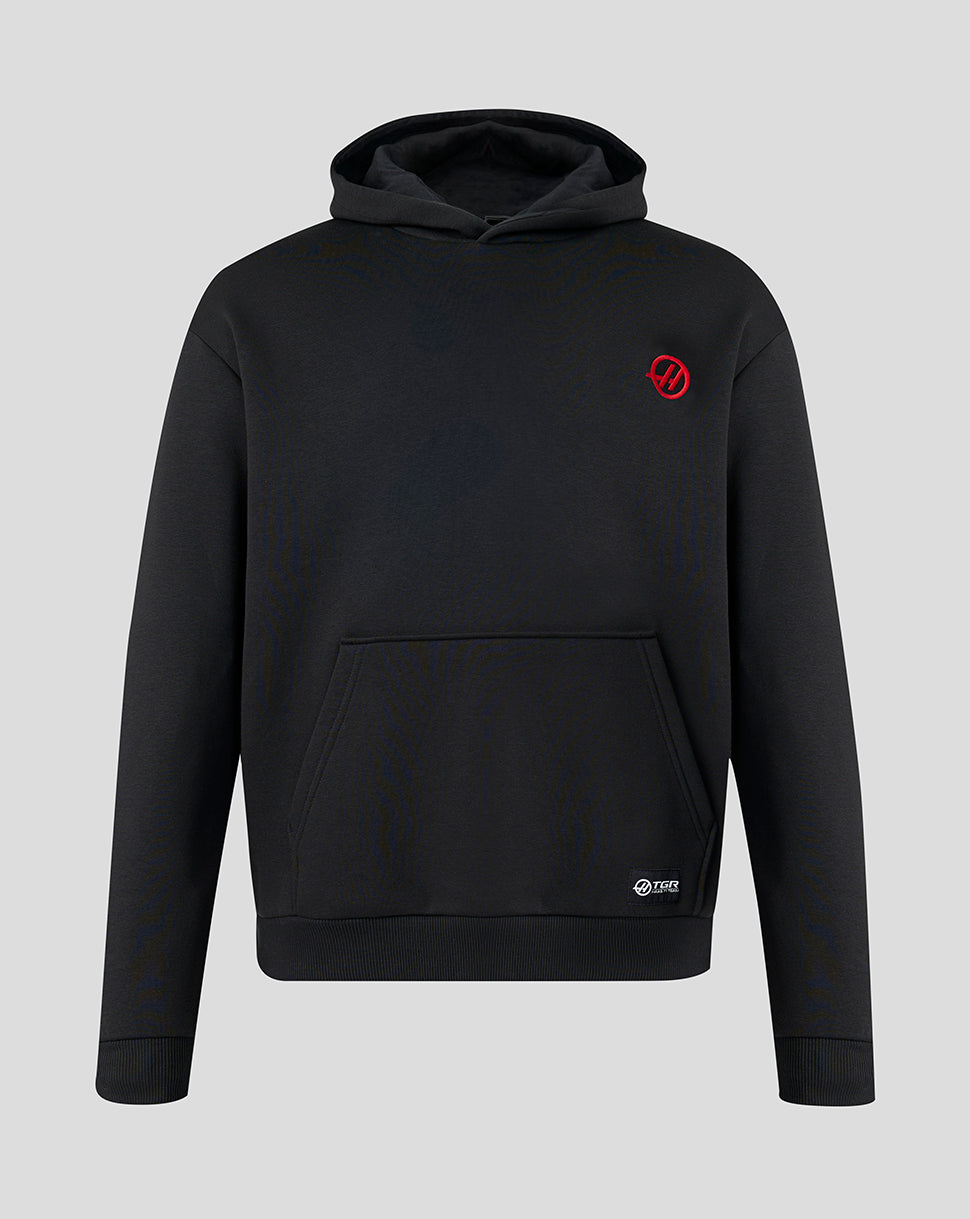 Black hoodie with a red logo on a light gray background