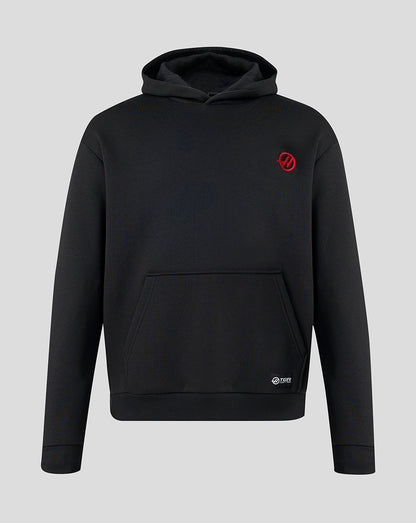 Black hoodie with a red logo on a light gray background