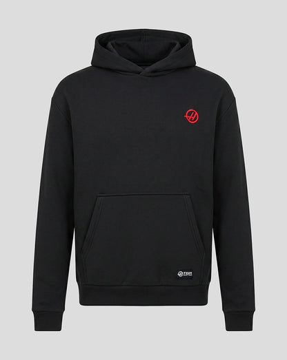 Front view of black Haas pullover hoodie with a small red Haas logo on the left chest and a kangaroo pocket.