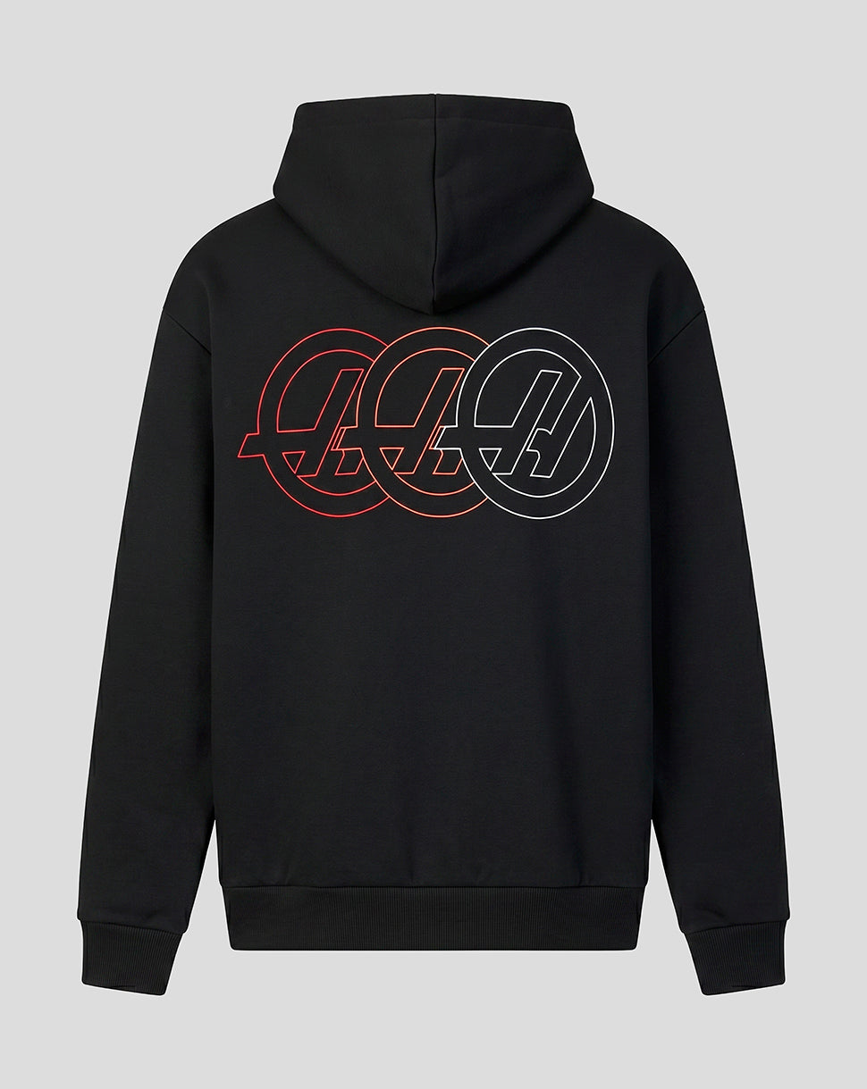 Back view of black Haas hoodie with a large triple ring Haas graphic across the back.