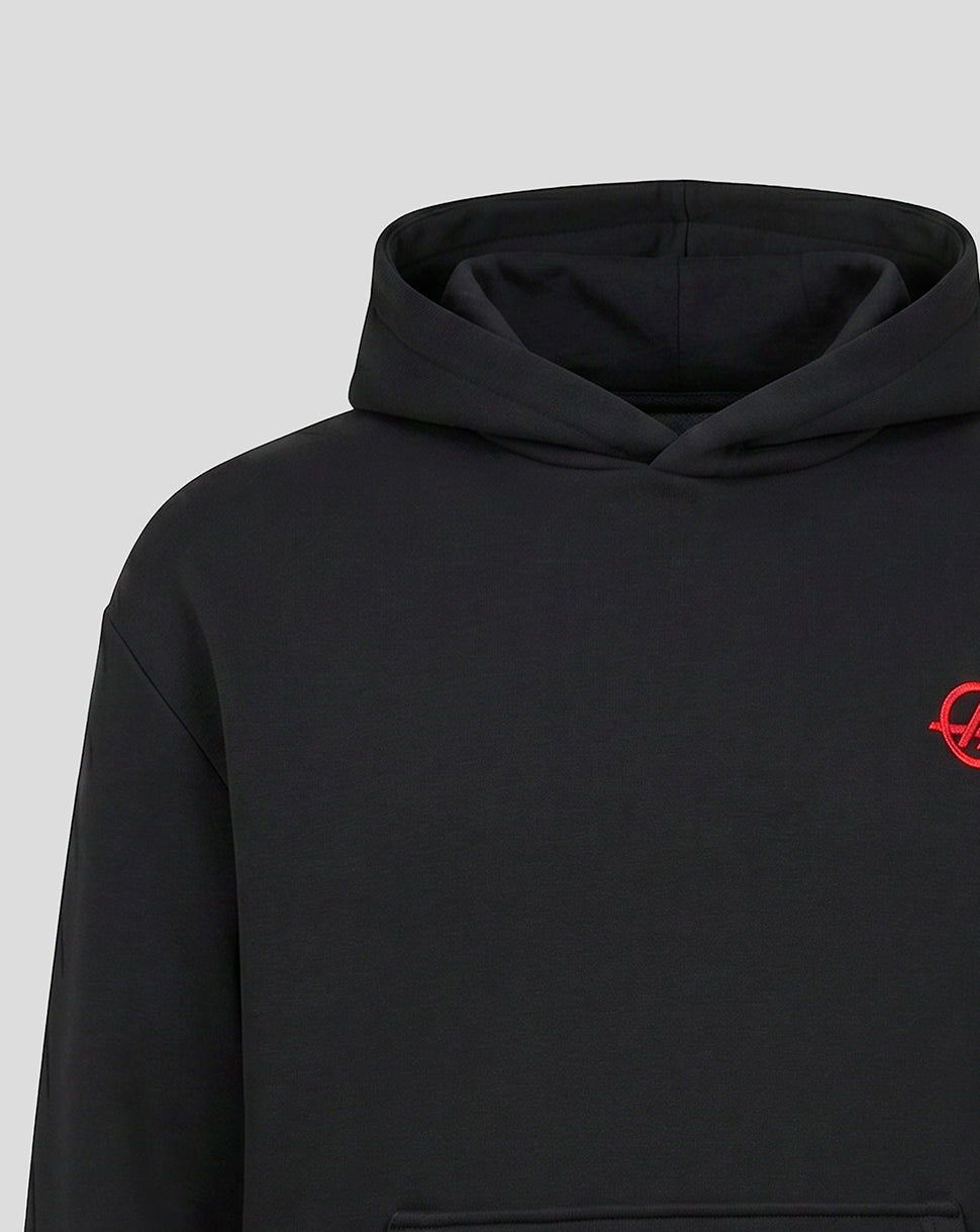 Black Haas Team unisex relaxed fit pullover hoodie with red circular monogram on the chest and hood