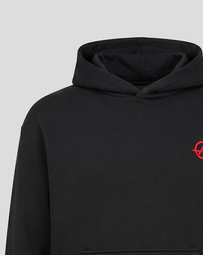 Black Haas Team unisex relaxed fit pullover hoodie with red circular monogram on the chest and hood