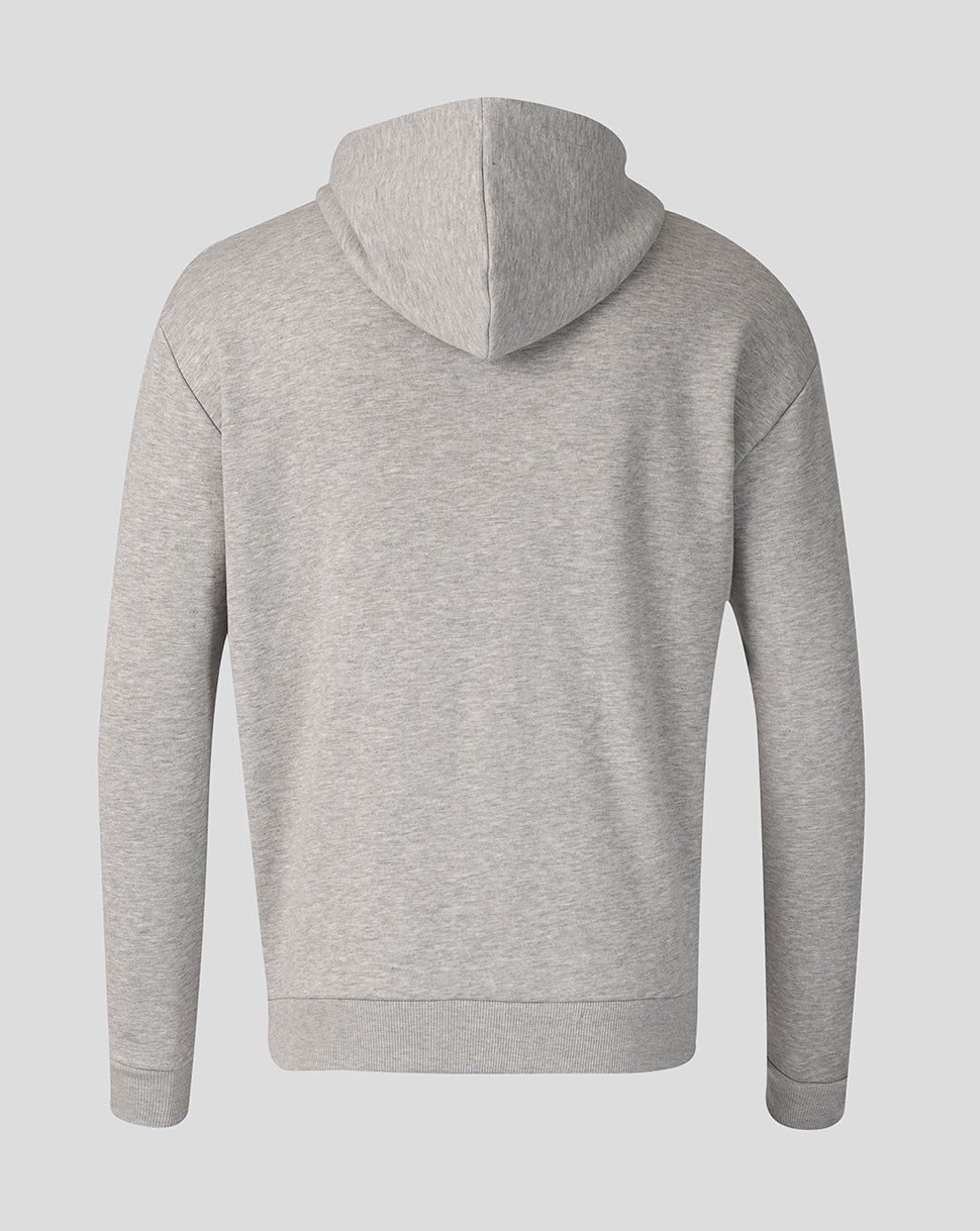 Back view of heather grey Haas Team unisex relaxed pullover hoodie with hood and ribbed cuffs