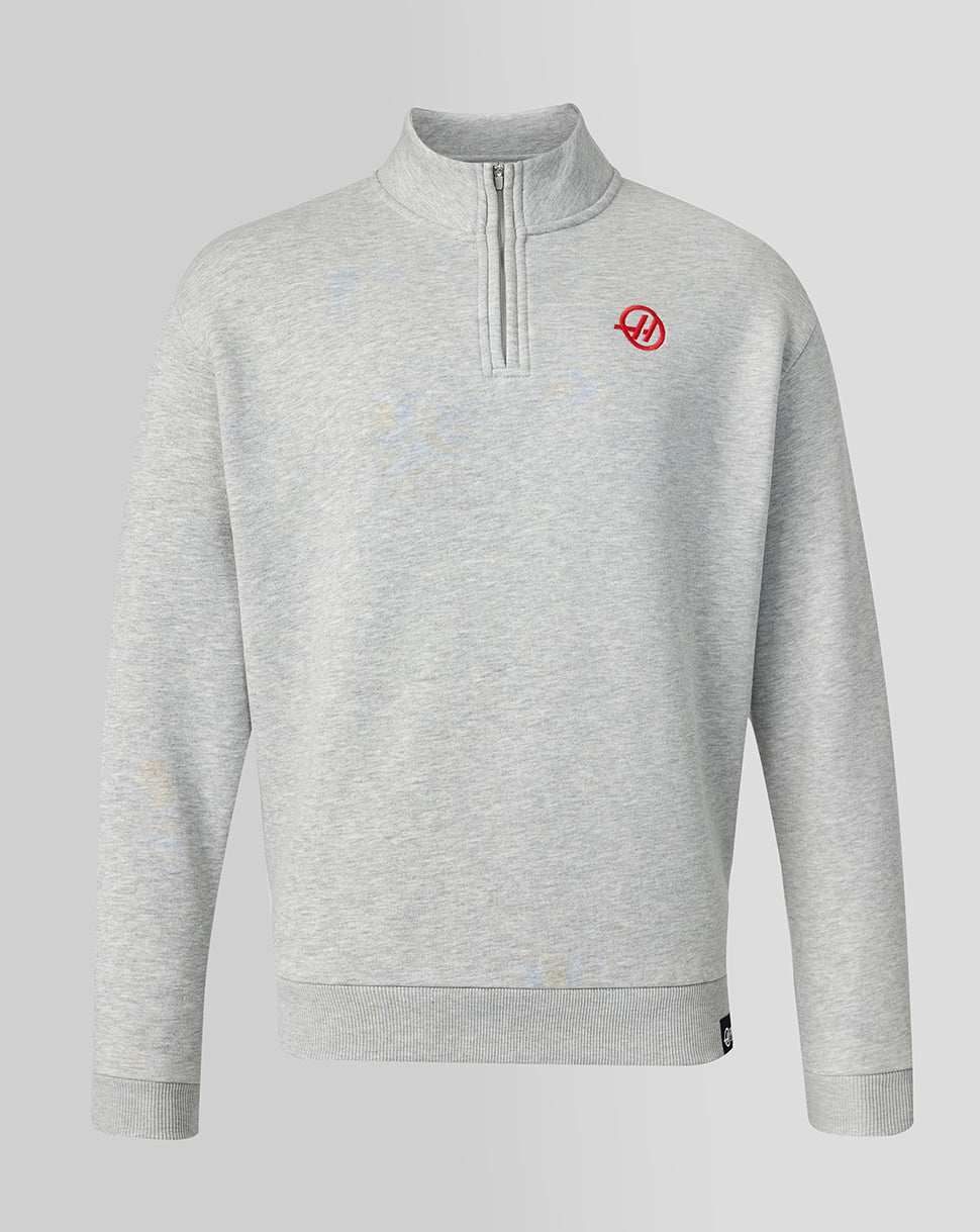 Gray pullover with a red logo on a light gray background
