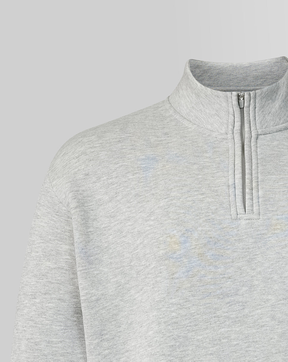 Close-up of a gray quarter-zip sweatshirt on a light gray background