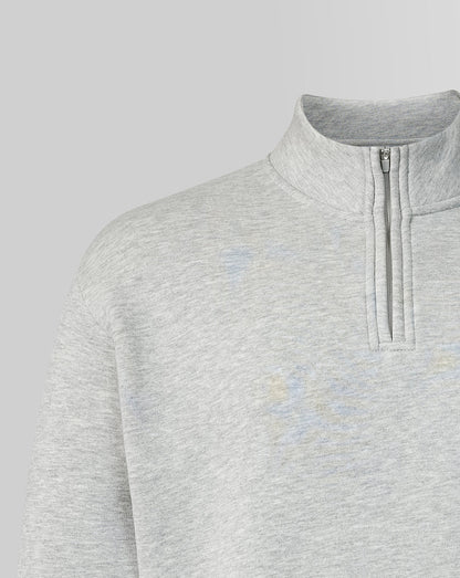 Close-up of a gray quarter-zip sweatshirt on a light gray background