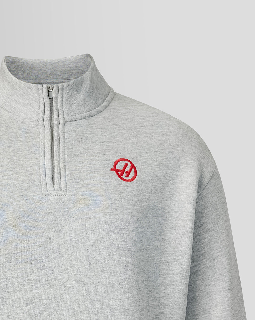 Gray half-zip sweatshirt with a red logo on a light gray background