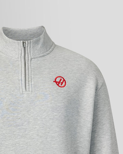 Gray half-zip sweatshirt with a red logo on a light gray background