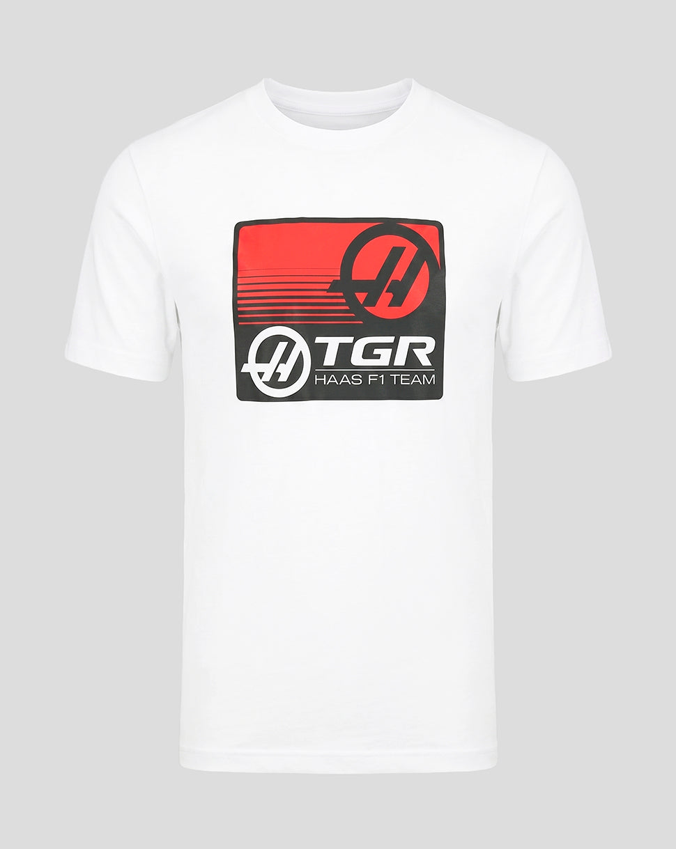 White Haas Team Front Graphic T shirt with bold chest logo and woven hem label