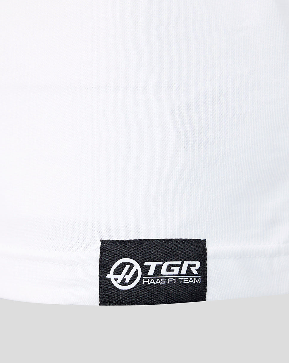 White TGR Haas F1 Team T-shirt with a black woven label at the lower front hem